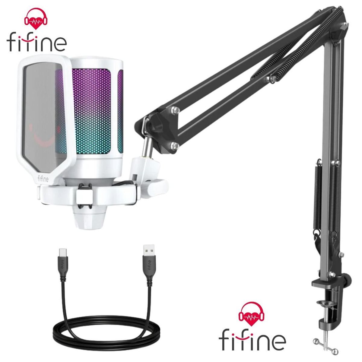 FIFINE - Micrófono Gamer Fifine A6T WHITE Soporte de brazo