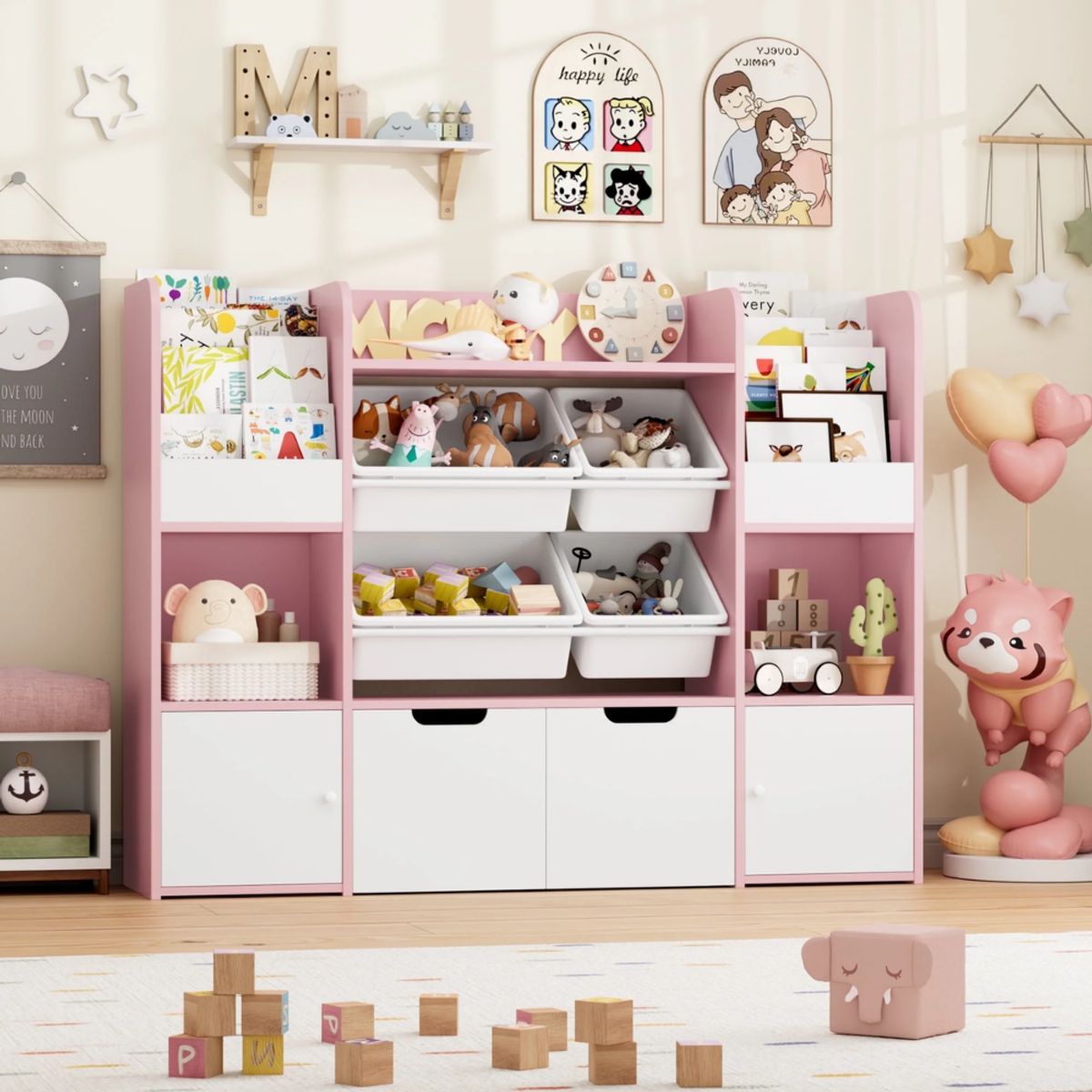 GENERICO - Estante Organizador Librero Juguetero Infantil Amir Rosa y Blanco Muebles Gaudi