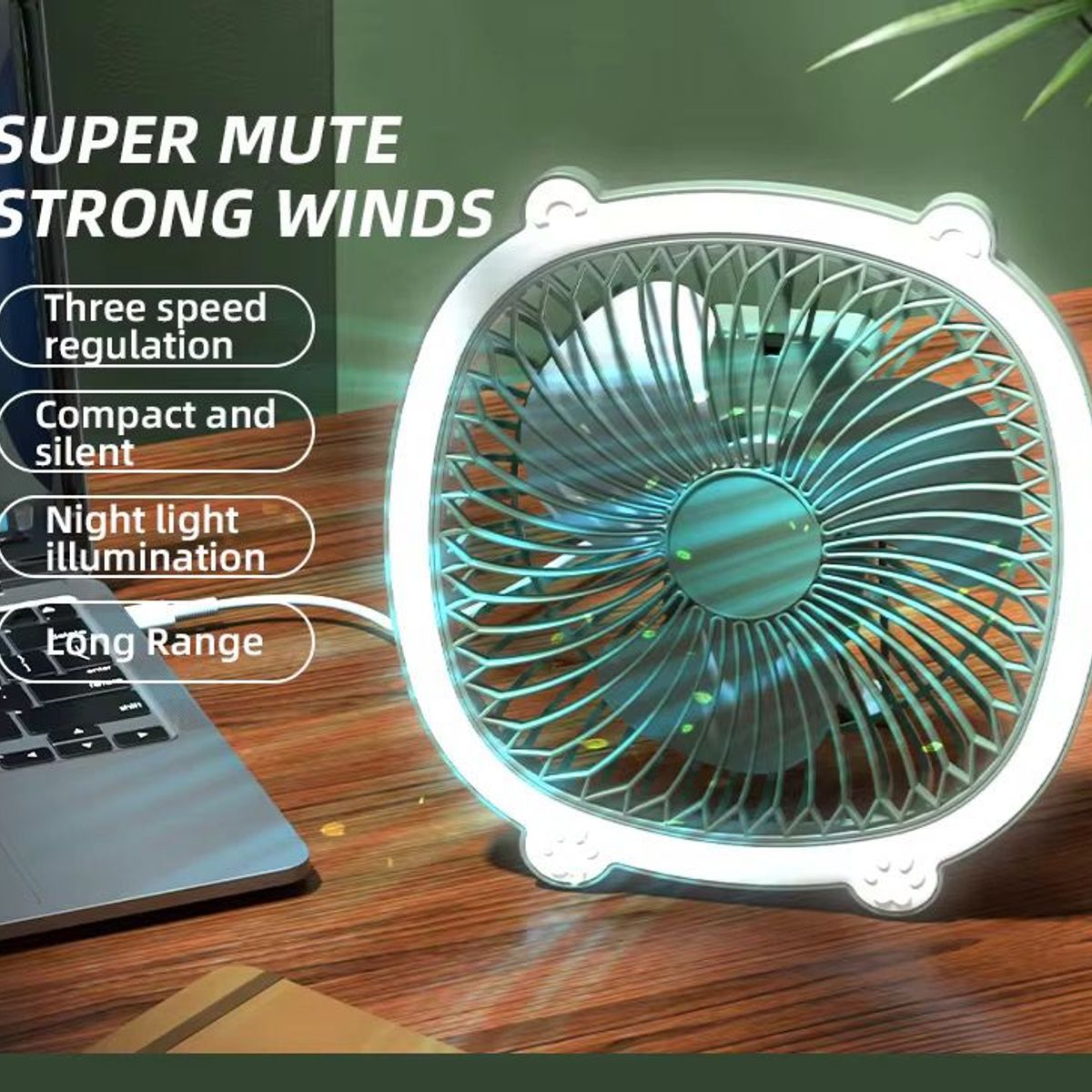 OEM - Mini Ventilador Verde Con Luz Led Recargable 3 Velocidades