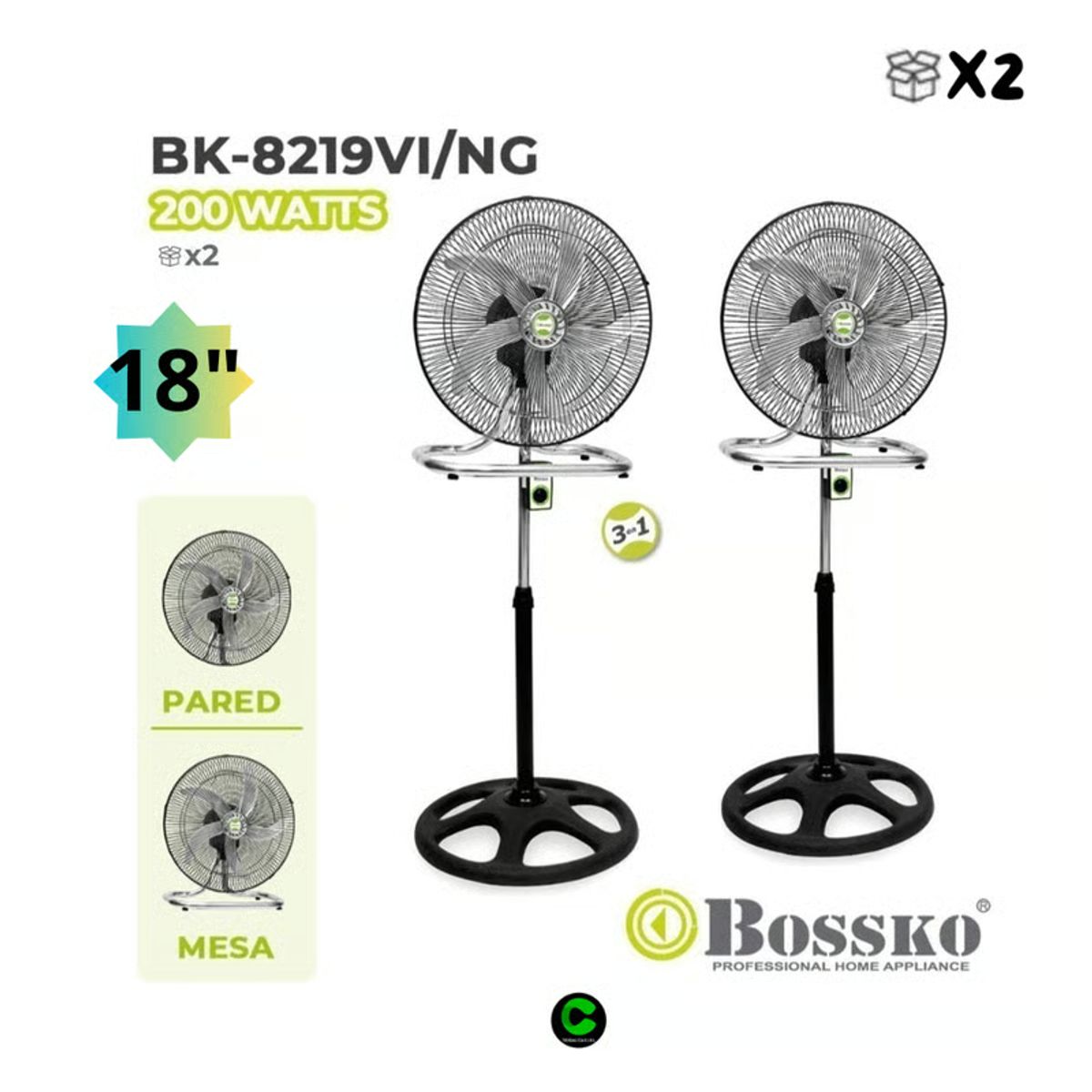 BOSSKO - Ventilador Bossko 3 en 1 de  200W BK-8219VI/NG - Paquete de 2 Unidades