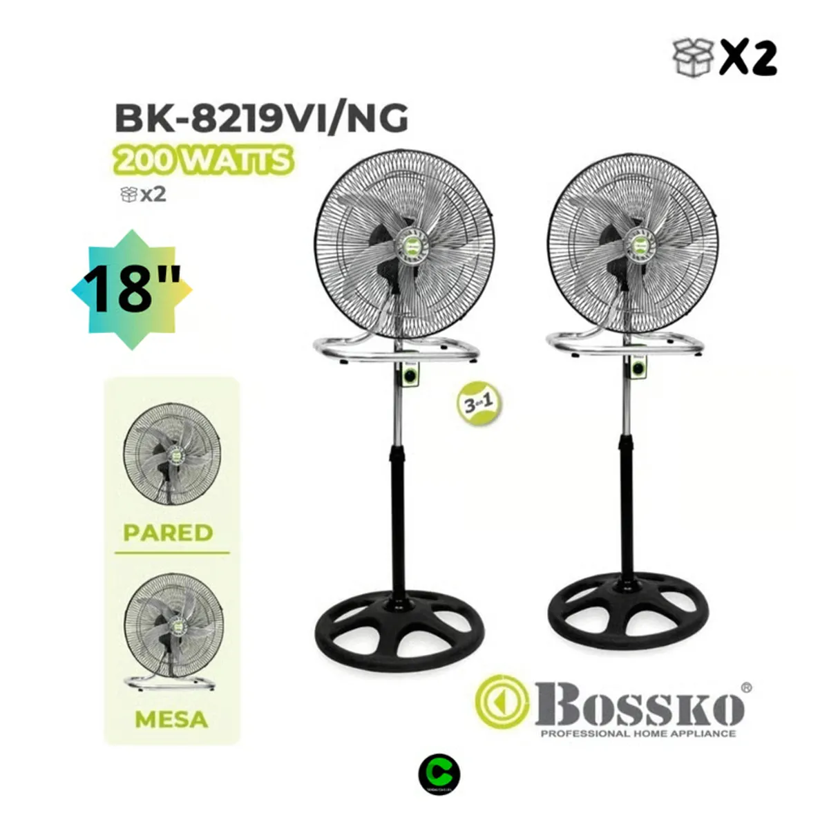 BOSSKO - Ventilador Bossko 3 en 1 de  200W BK-8219VI/NG - Paquete de 2 Unidades