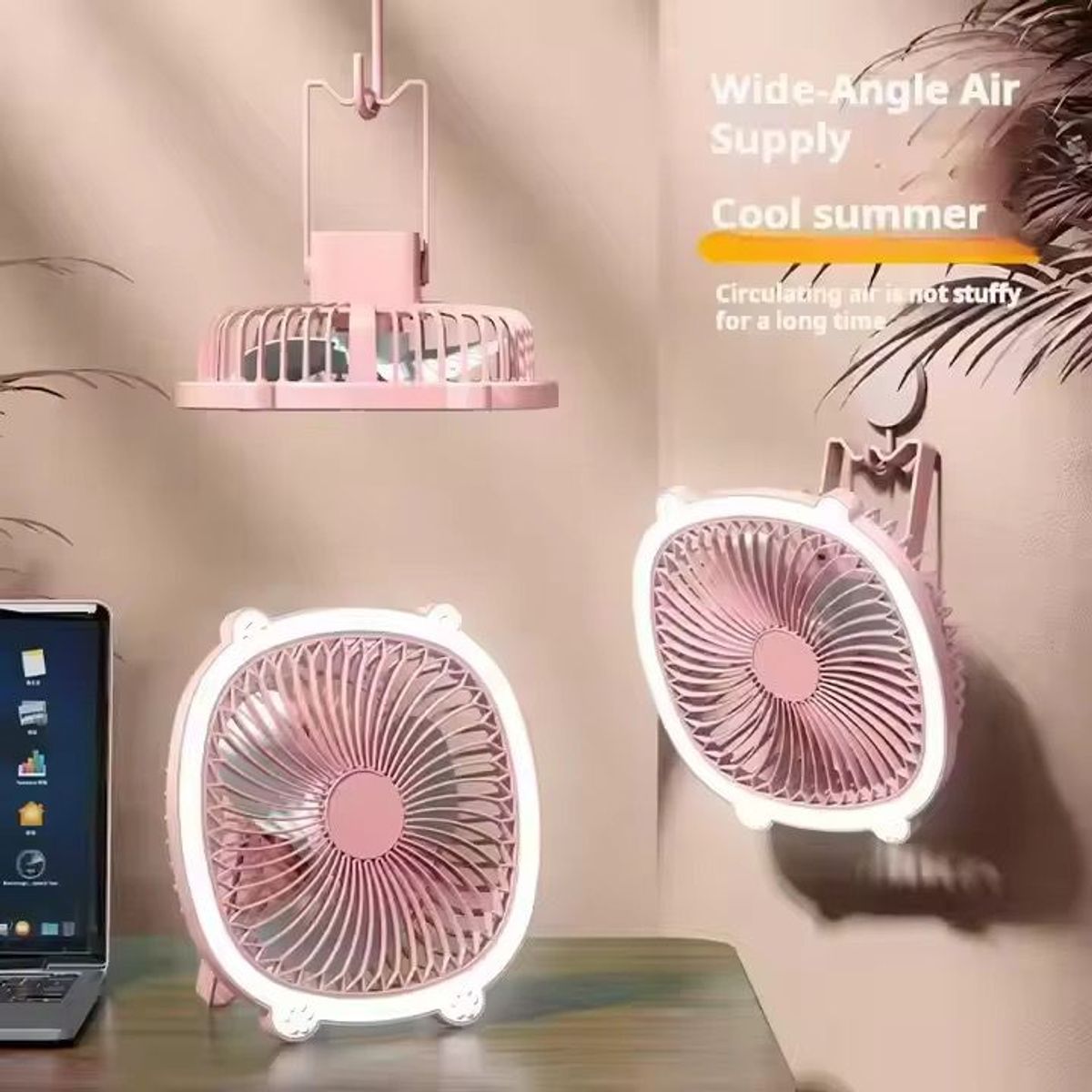 OEM - Mini Ventilador Rosado Con Luz Led Recargable 3 Velocidades