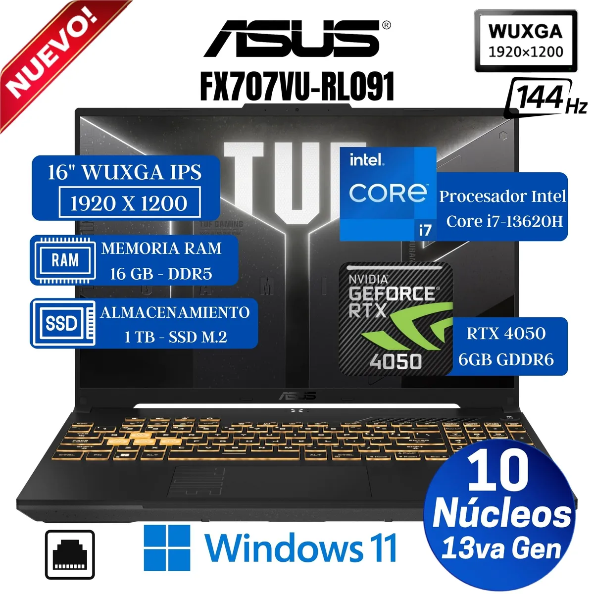 ASUS - Laptop Asus TUF F16 FX607VU-RL091 16" WUXGA IPS, Core i7-13620H, Ram 16GB, Ssd 1 TB, Rtx 4050 6GB