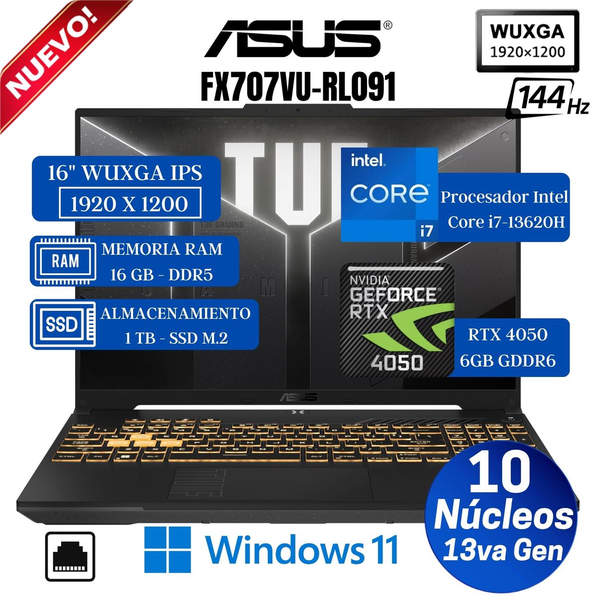 ASUS - Laptop Asus TUF F16 FX607VU-RL091 16" WUXGA IPS, Core i7-13620H, Ram 16GB, Ssd 1 TB, Rtx 4050 6GB