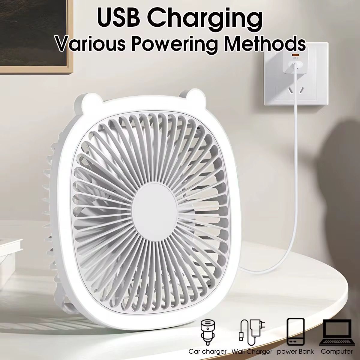 OEM - Mini Ventilador Blanco Con Luz Led Recargable 3 Velocidades