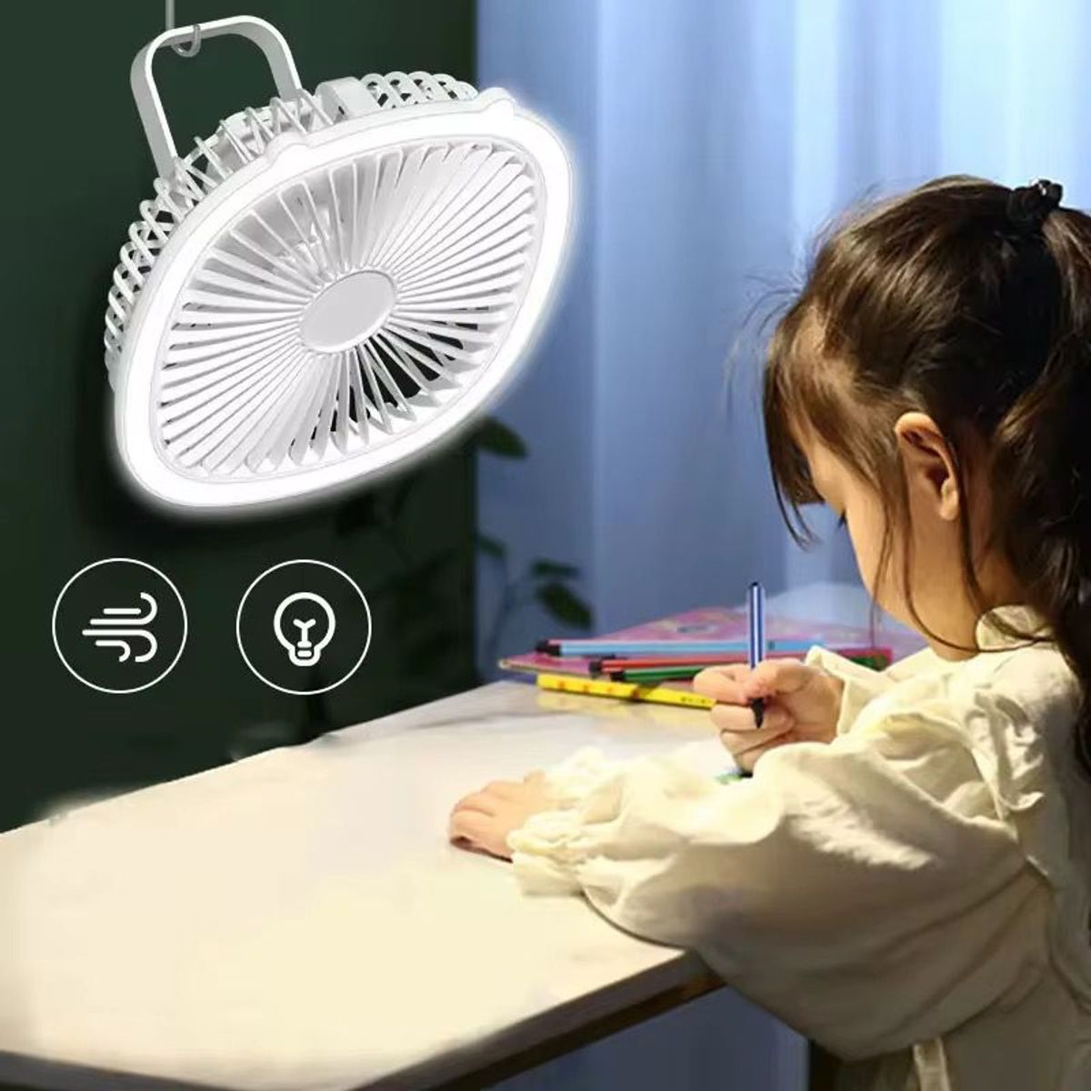 OEM - Mini Ventilador Blanco Con Luz Led Recargable 3 Velocidades