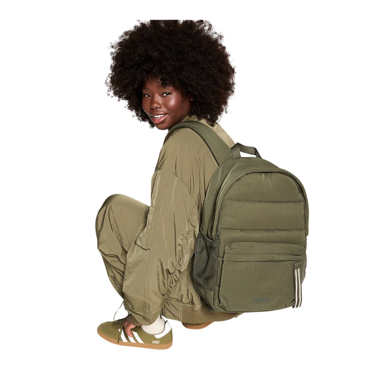 VICTORIA'S SECRET - MOCHILA ESTILO PUFFER VERDE  PINK VICTORIAS SECRET