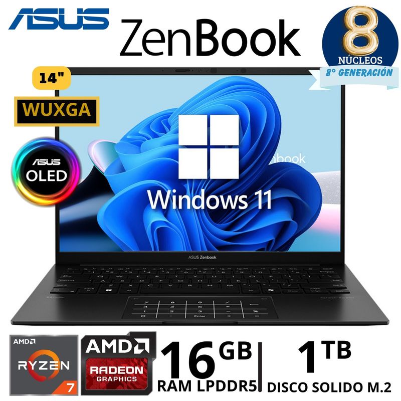 ASUS - Laptop Asus ZenBook UM3406HA-QD015W AMD Ryzen 7-8840HS, 14"WUXGA, Ram 16Gb, SSD 1Tb, Windows 11