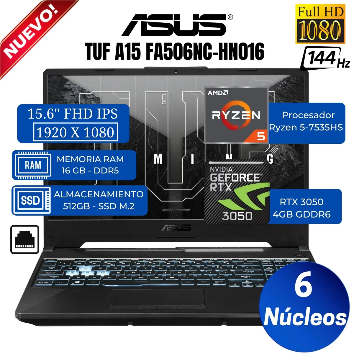 ASUS - Laptop Asus Tuf FA506NC-HN016 15.6"  FHD, AMD Ryzen 5-7535HS, Ram16GB, Ssd 512GB, Rtx 3050, Win 11