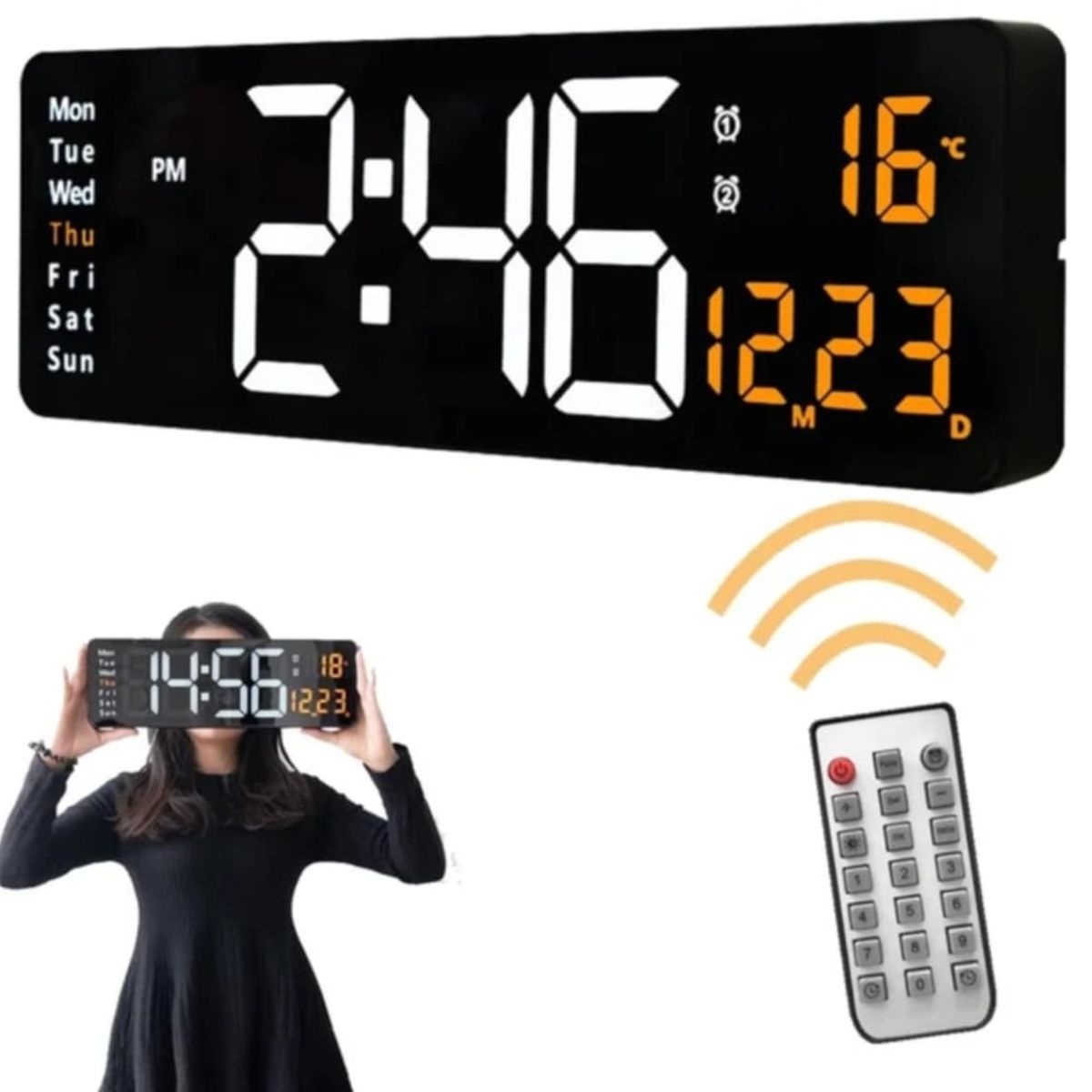 GENERICO - Reloj de Pared Digital Grande LED con Control Alarma + Temperatura Mes