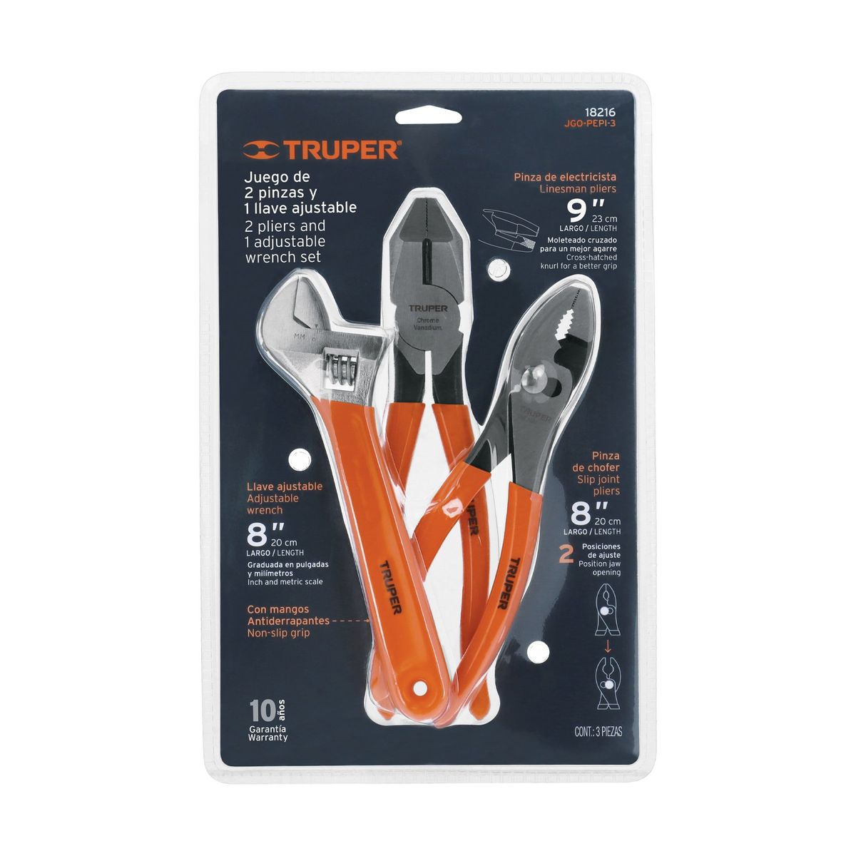 Truper - Juego con 2 pinzas y 1 llave ajustable mango de PVC, Truper