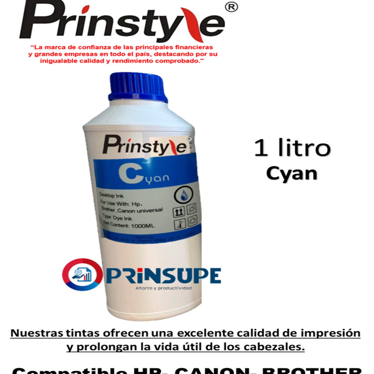 PRINSTYLE - TINTA 1 LITRO UV CYAN COMPATIBLE HP CANON BROTHER