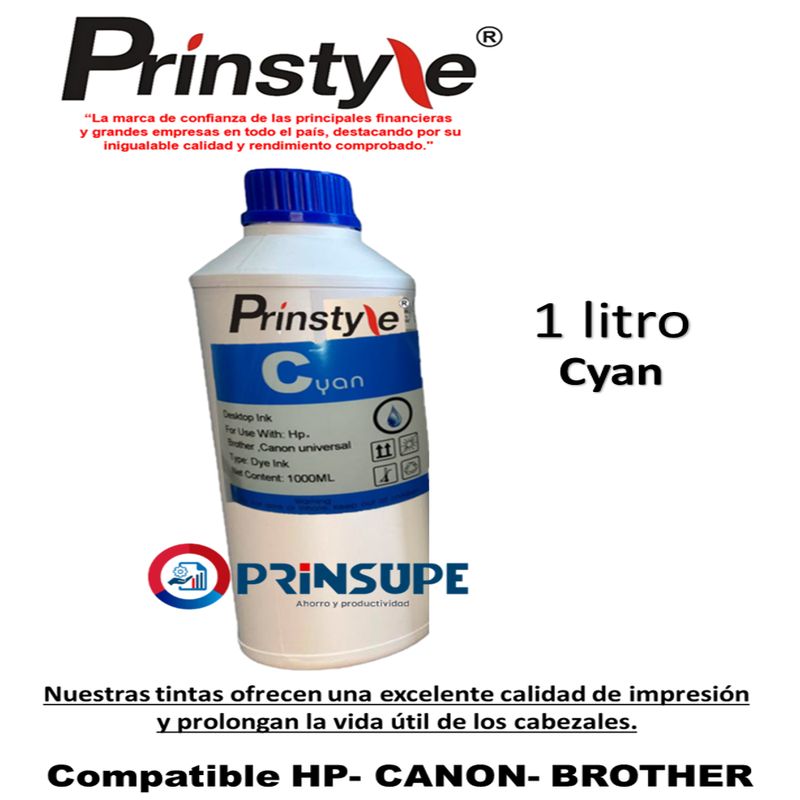 PRINSTYLE - TINTA 1 LITRO UV CYAN COMPATIBLE HP CANON BROTHER