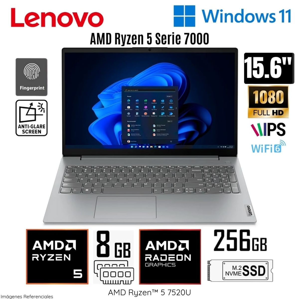 LENOVO - Laptop Lenovo V15 G4 AMN  AMD Ryzen 5-7520U 8GB RAM 256GB SSD 15.6"  FHD Artic Grey - 82YU00X6LM