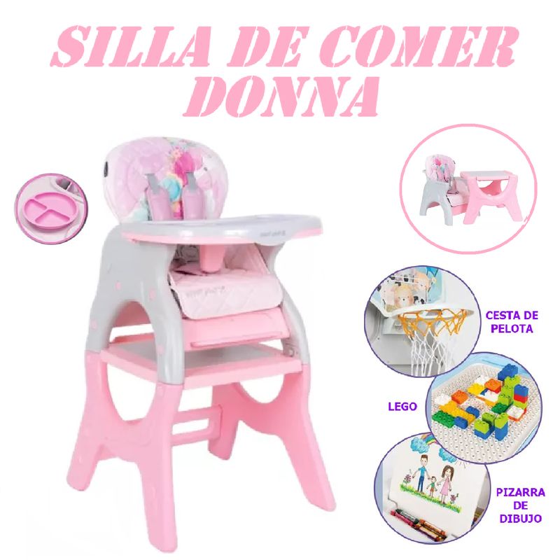 BABY HAPPY - Silla de Comer Reclinable 3 en 1 con Pizarra-Rosa