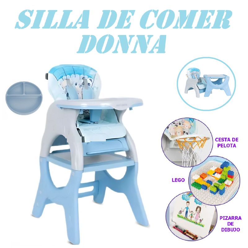 BABY HAPPY - Silla de Comer Reclinable 3 en 1 con Pizarra-Azul
