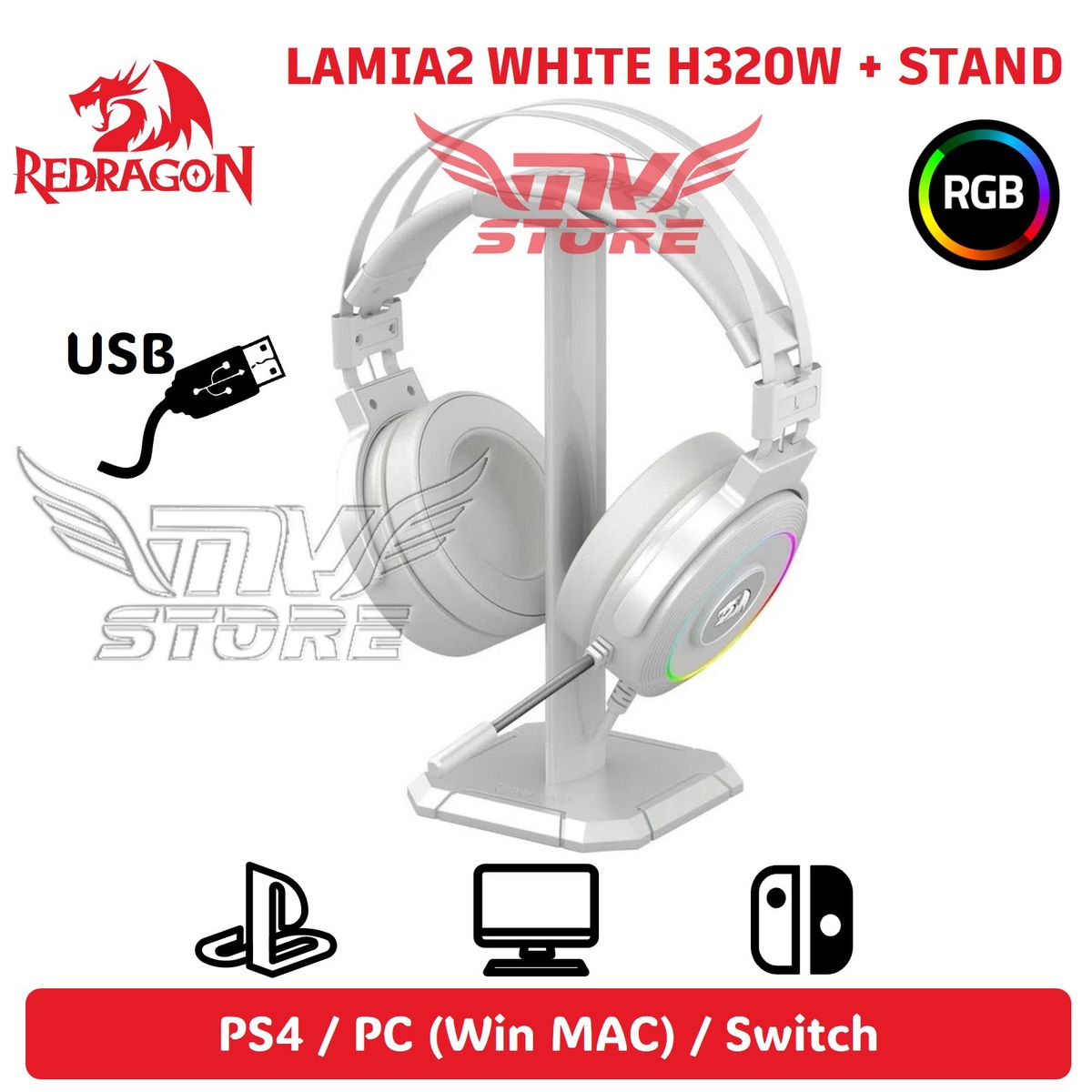 REDRAGON - Audífonos Redragon Lamia 2 H320 RGB Color Blanco + Stand