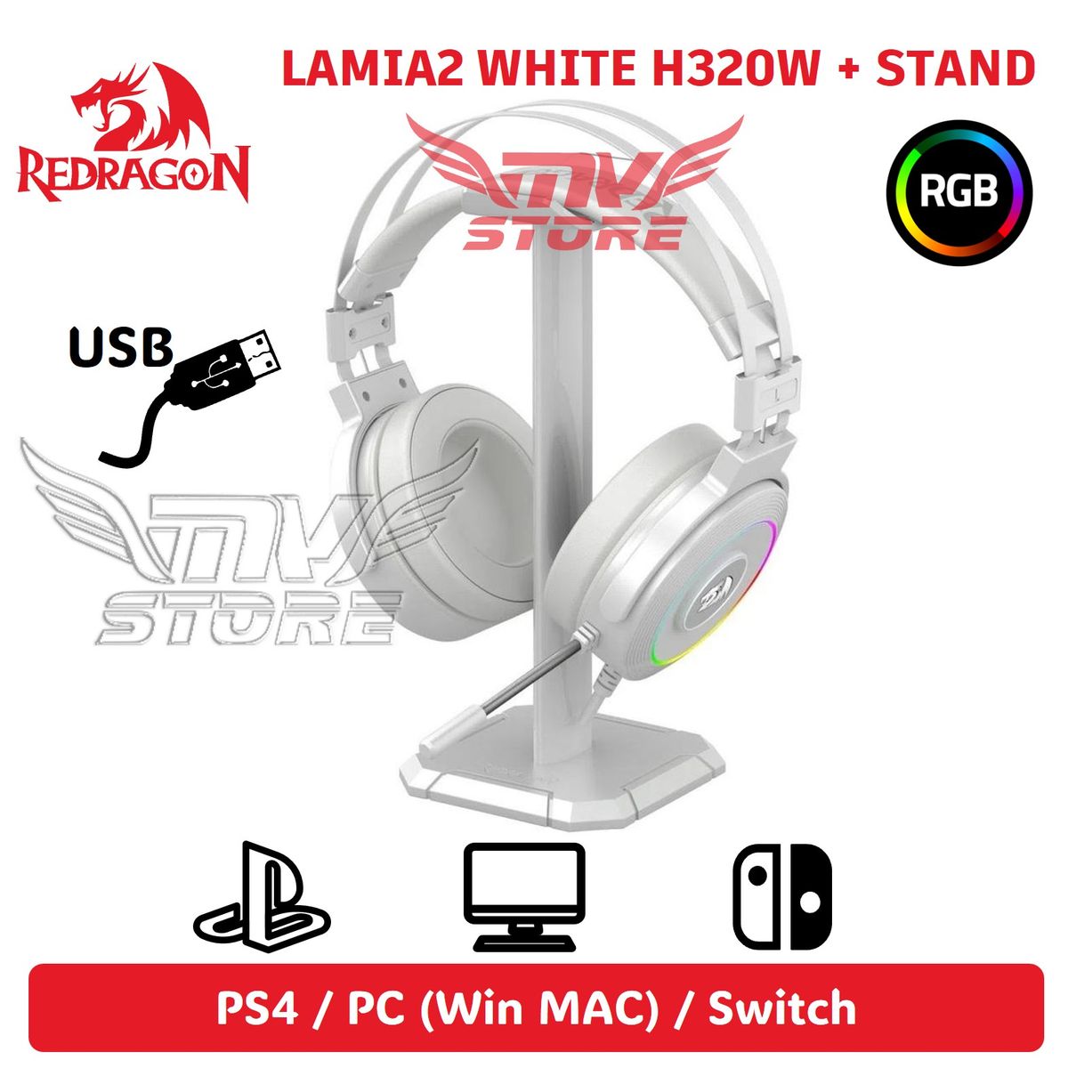 REDRAGON - Audífonos Redragon Lamia 2 H320 RGB Color Blanco + Stand