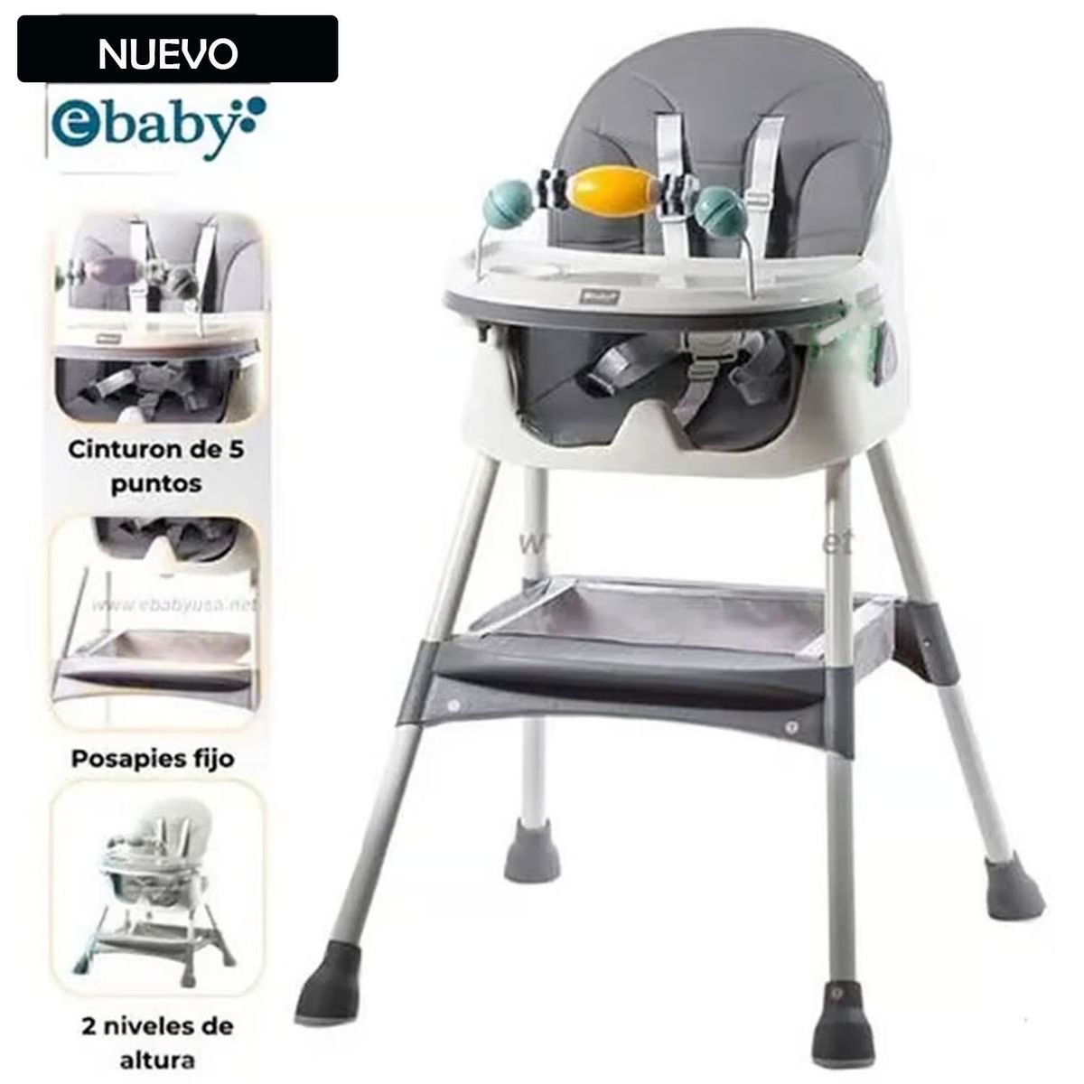 EBABY - Silla de Comer Ebaby Plegable Doble bandeja LULU Gris