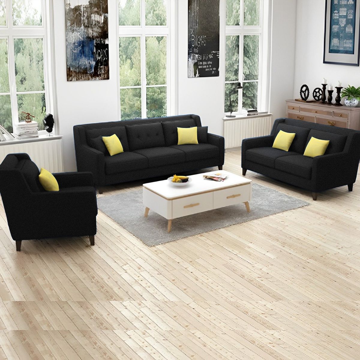 GENERICO - Juego de Sala Barroco 3-2-1 - Negro + 5 Cojines de Regalo