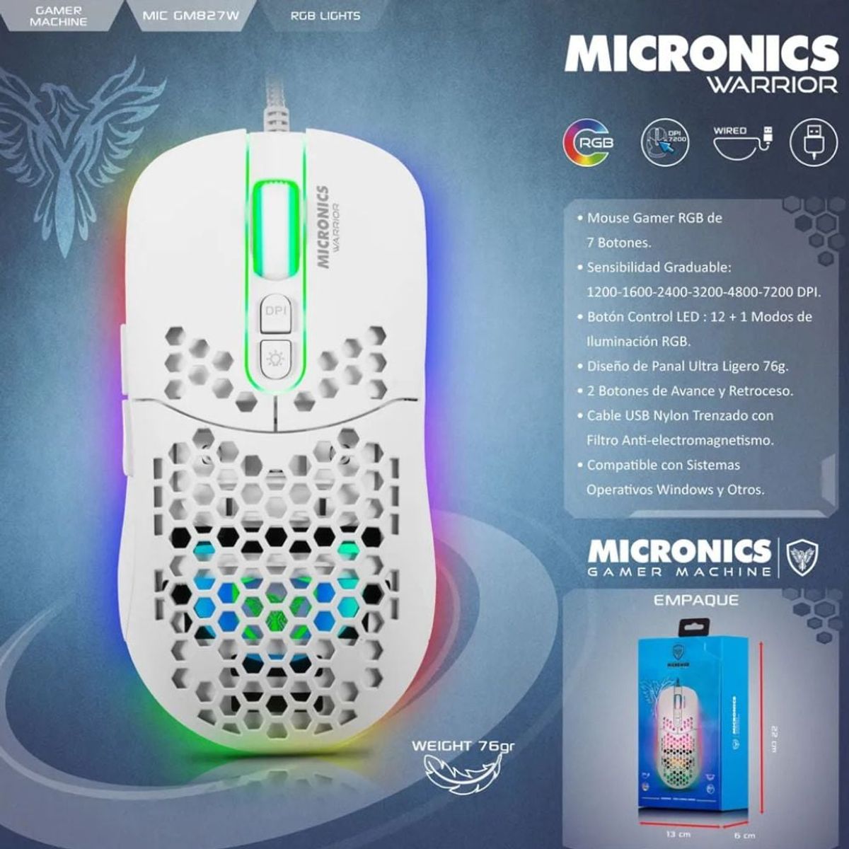 MICRONICS - Mouse Gamer Micronics Warrior MIC GM827W+ USB RGB 12800 DPI
