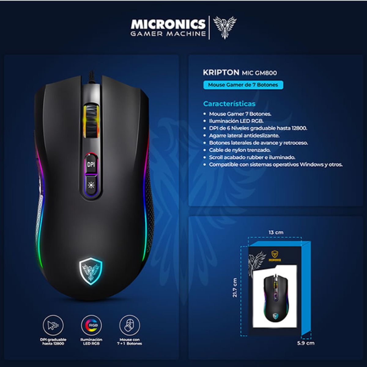 MICRONICS - Mouse Gamer Micronics Kripton MIC GM801-3M Inalambrico RGB 4800 DPI