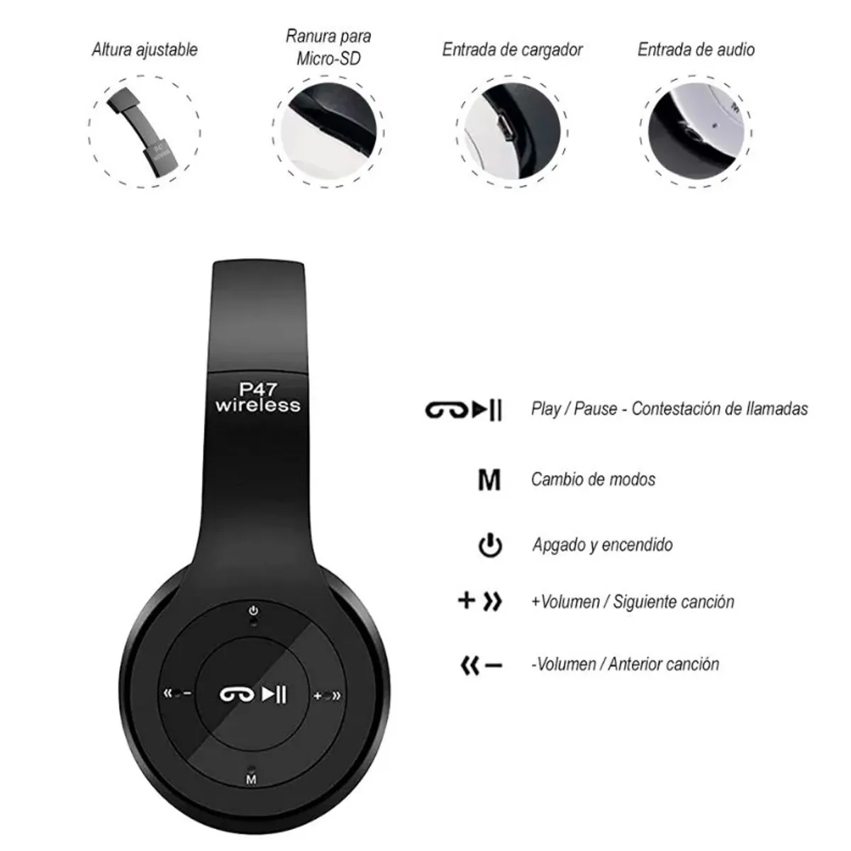GENERICO - AUDIFONOS BLUETOOTH P47 COLOR NEGRO