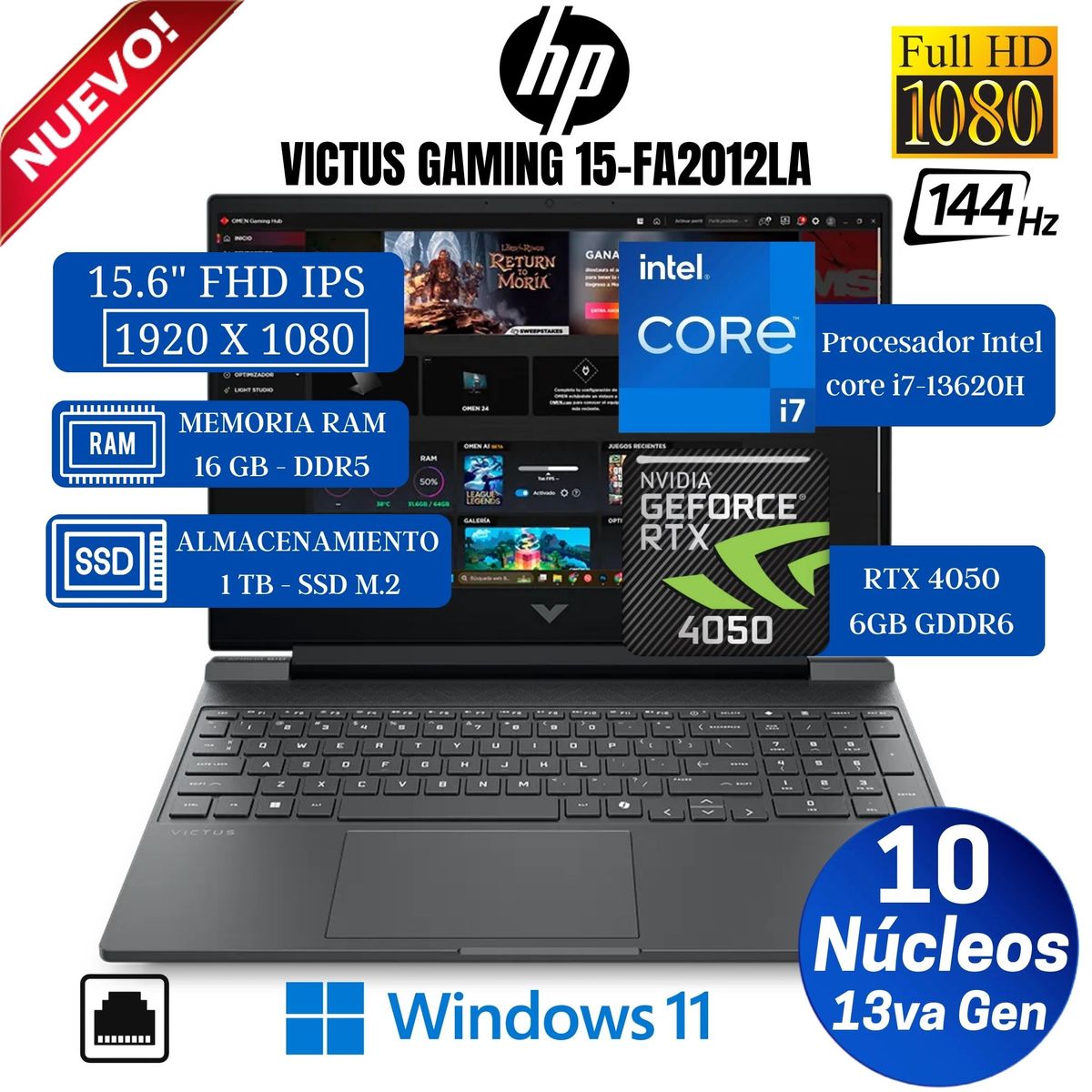 HP - Laptop HP Victus Gaming 15-fa2012la 15.6”  FHD IPS, Core i7-13620H, Ram16GB, Ssd 1TB, Rtx 4050, Win11