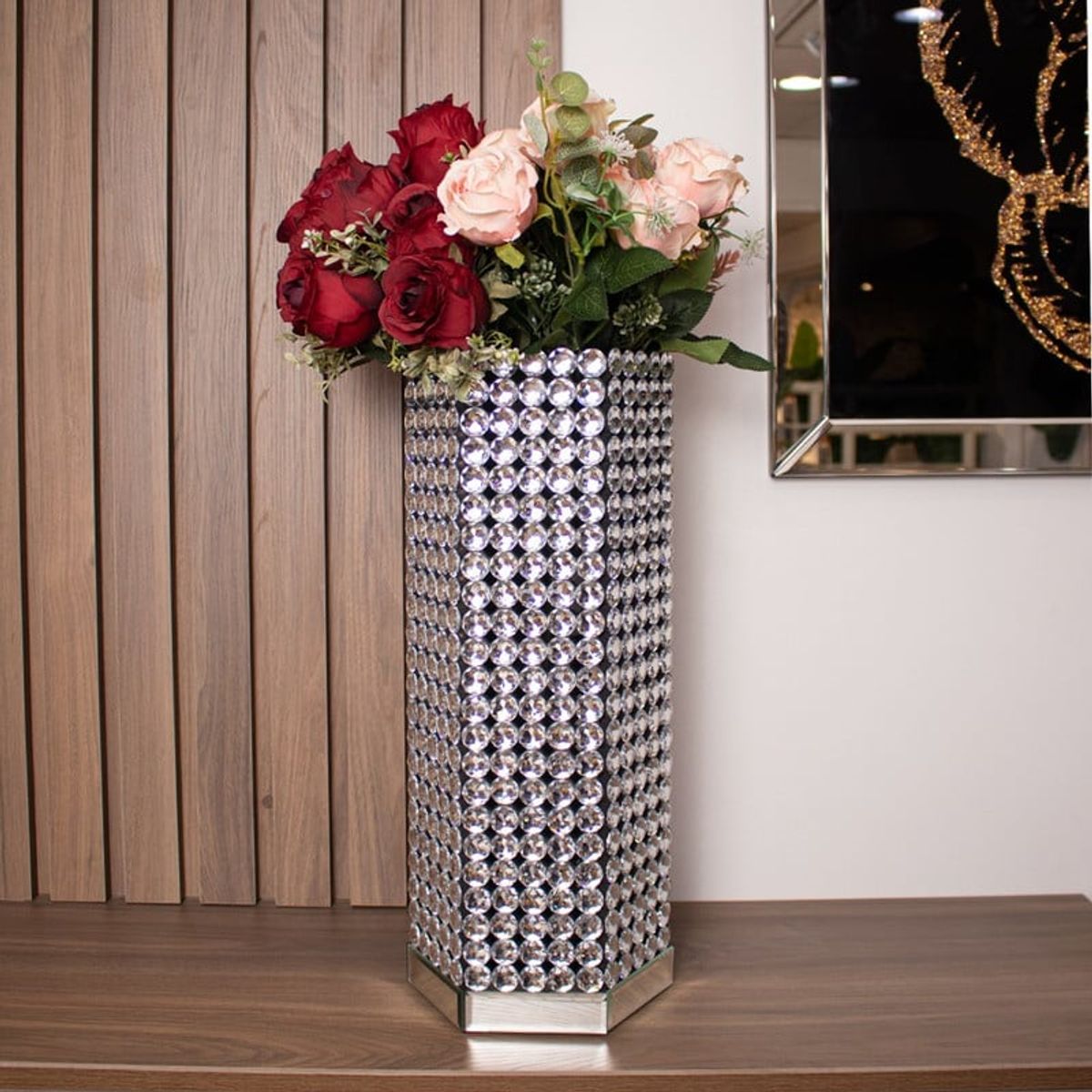 PANADECOR - Florero Panadecor De Acrílico Rectangular Espejado Plateado Con Relieve 50Cm