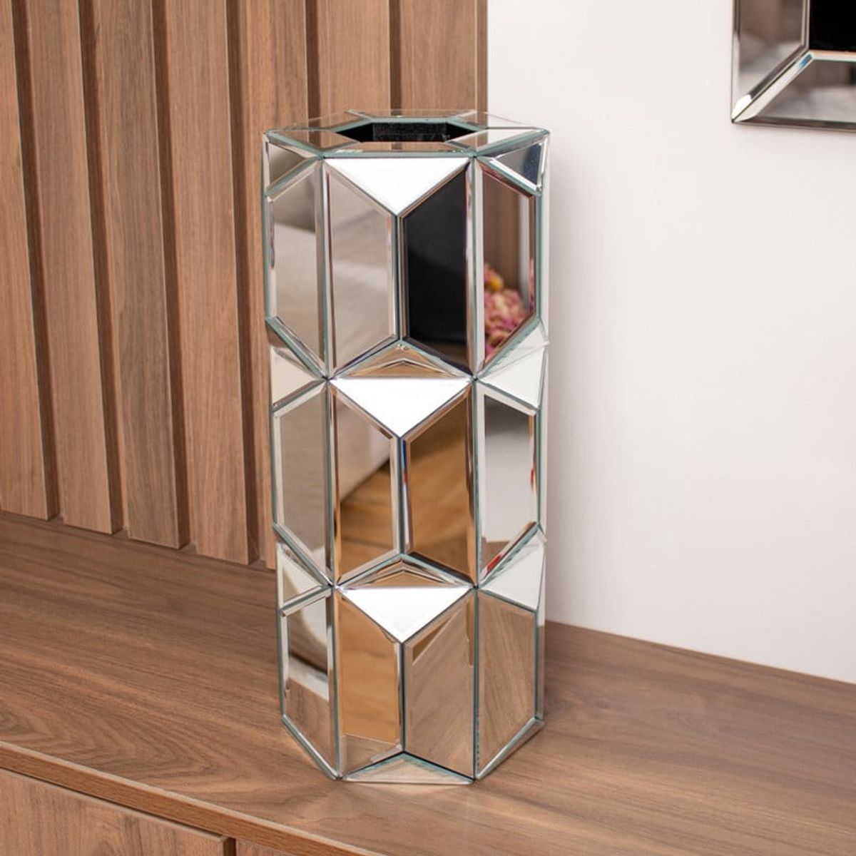 PANADECOR - Florero Panadecor Hexagonal Plateado Con Espejos Decorativos En Mdf 40Cm