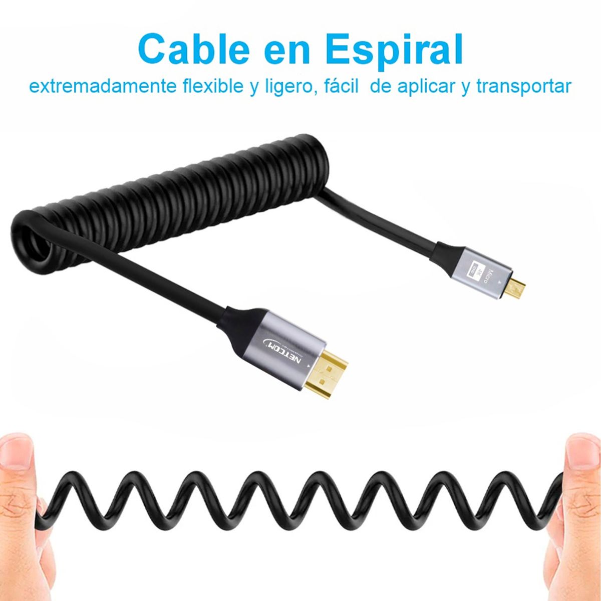 GENERICO - Cable Micro Hdmi a Hdmi 1.5 Metros espiralado NETCOM 2.0 4K 60 Hz eARC