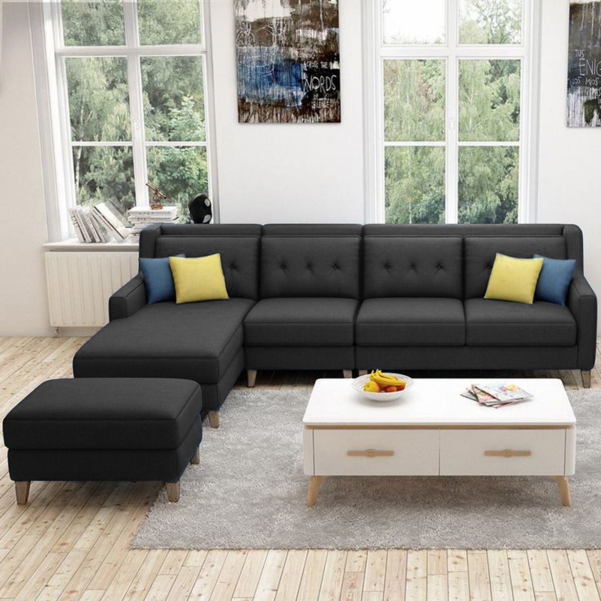 GENERICO - Seccional Izquierdo Barroco + banqueta de regalo - Gris Oscuro