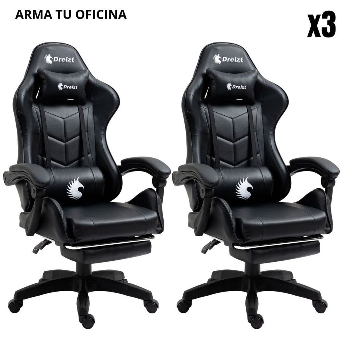 DREIZT - Combo 3 Silla Gamer Ergonómica Dreizt Shine Series Negro
