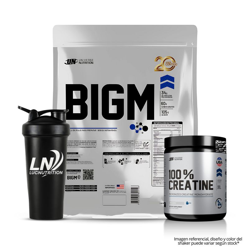 UNIVERSE NUTRITION - Bigm 5 kg Ganador de Peso - cookie and cream + Creatina universe nutrition 250 g + Shaker