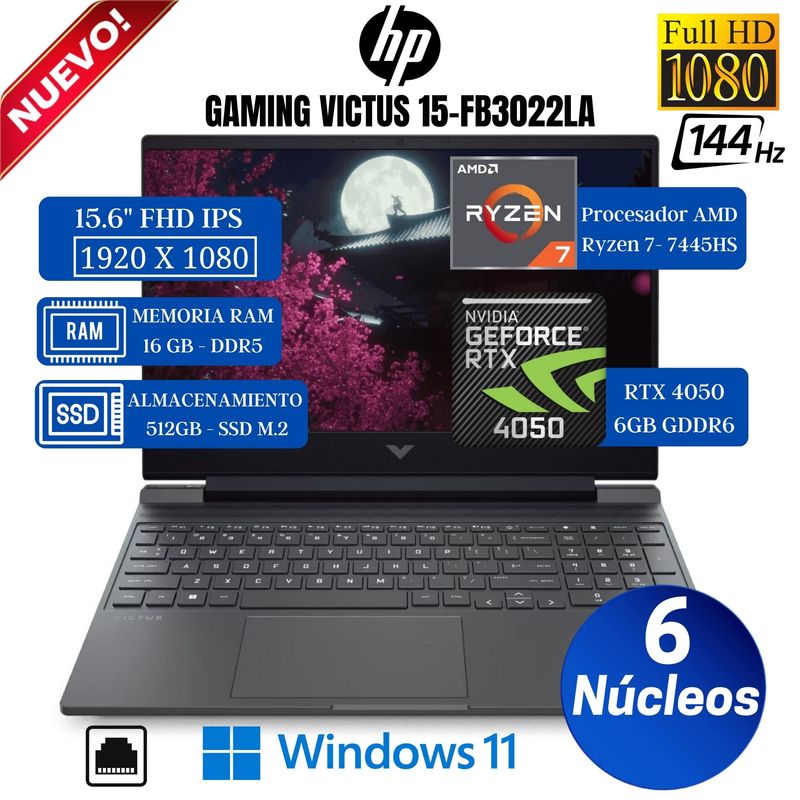 HP - Laptop HP Victus 15-FB3022LA 15.6” FHD IPS, Ryzen 7-7445HS, Ram 16GB, SSD 512GB, Rtx 4050 6GB, Win11