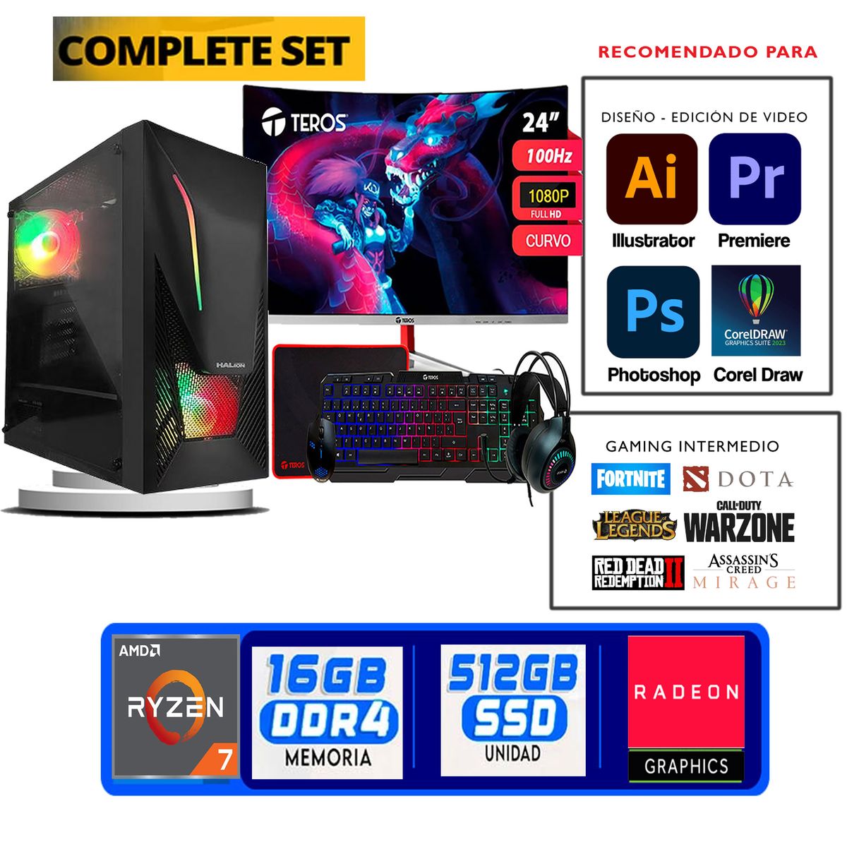 HALION - Computadora ryzen 7 5700g ram 16gb ssd 1TB monitor 24 full hd