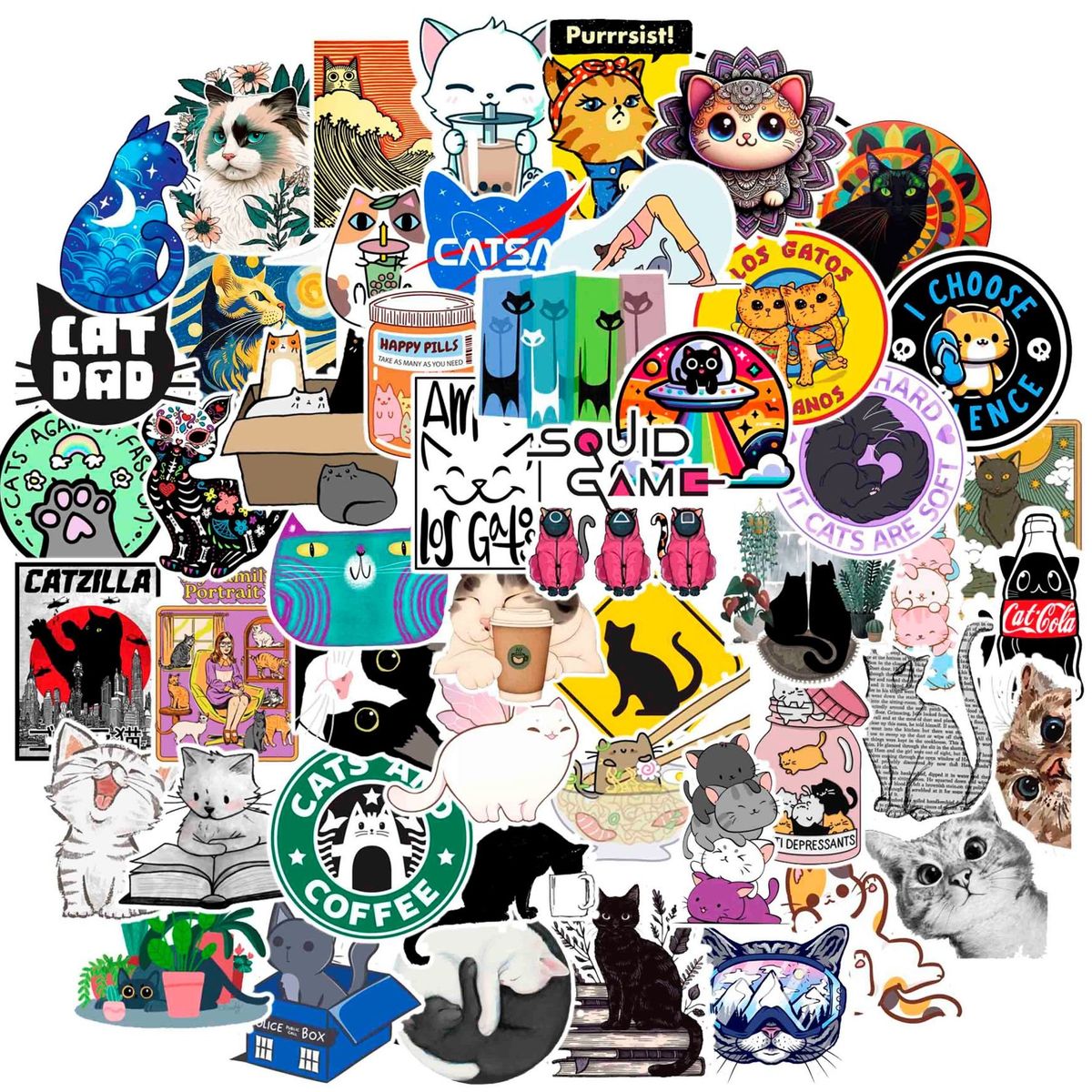 GENERICO - Sticker Gatos pack 50 pegatinas felinas resistente al agua