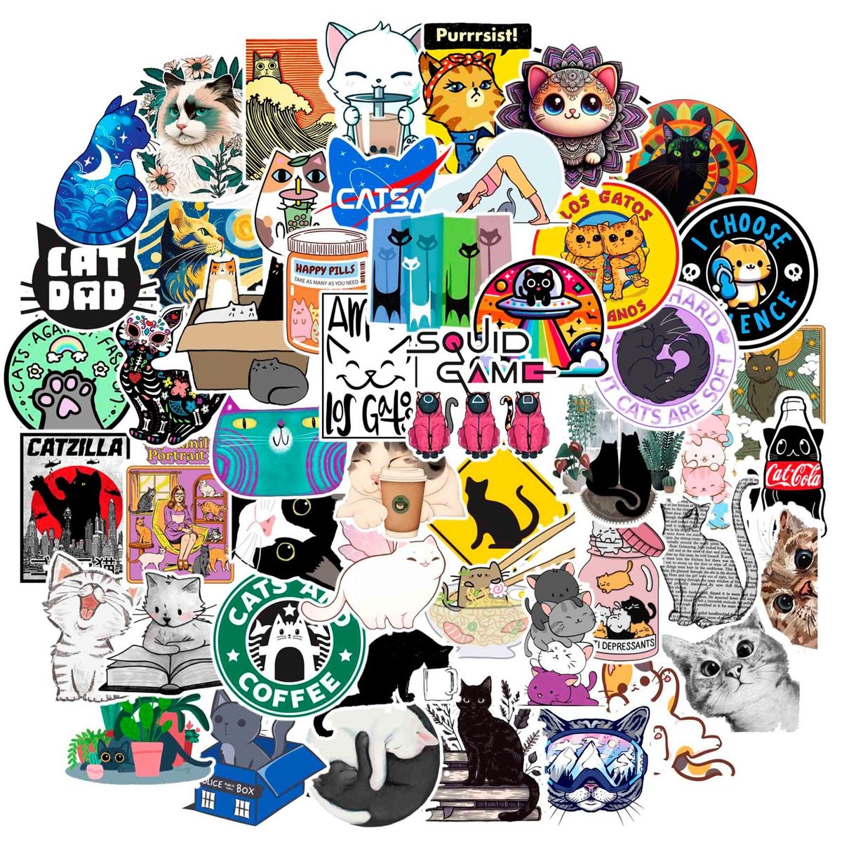 GENERICO - Sticker Gatos pack 50 pegatinas felinas resistente al agua