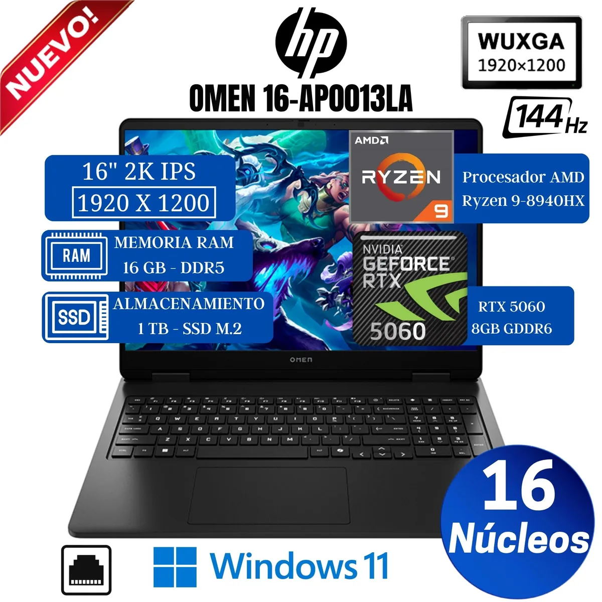 HP - Laptop HP Omen Gaming 16-ap0013la 16” 2K IPS, Ryzen 9-8940HX, Ram 24GB, Ssd 512 GB, Rtx 5060, Win11