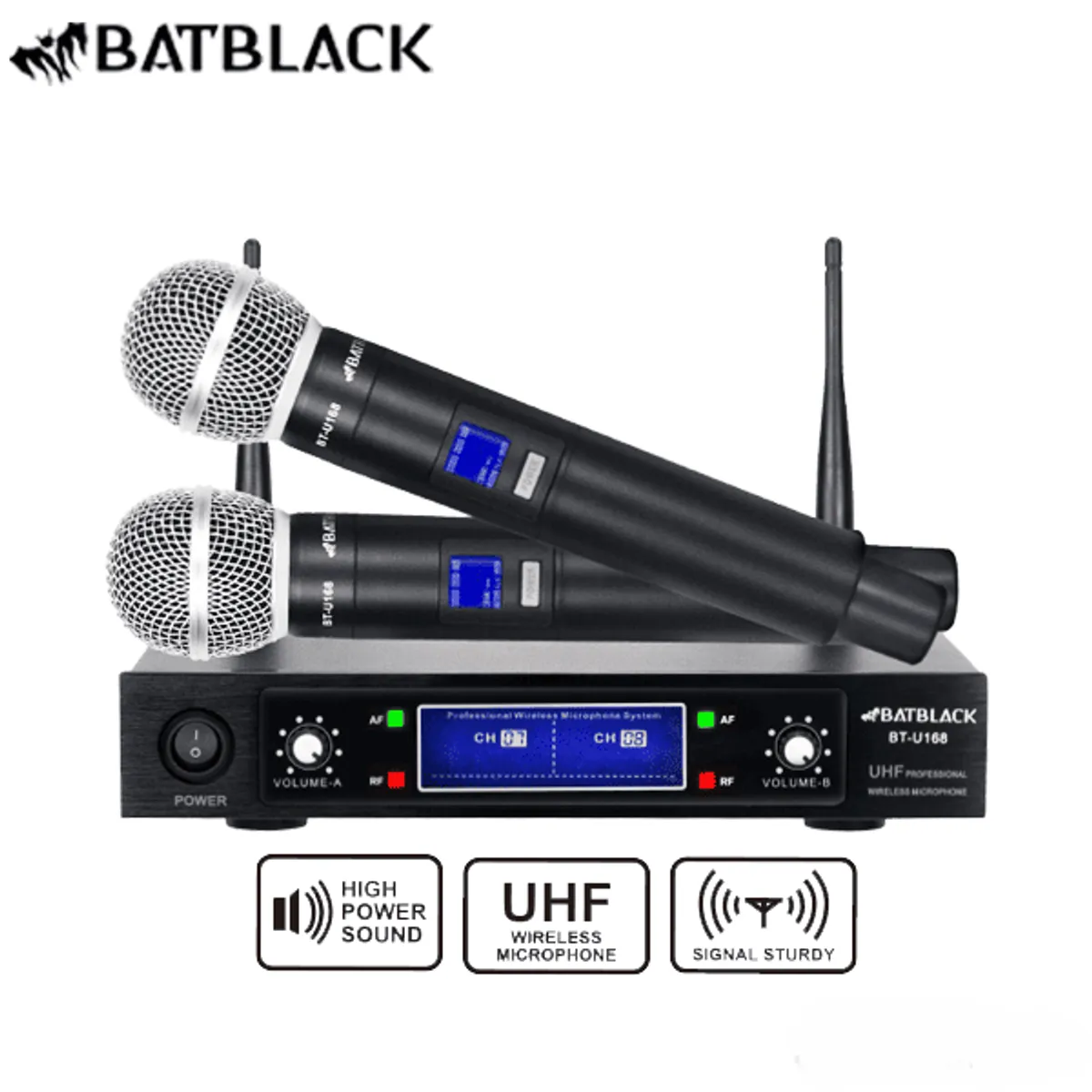 BATBLACK - Micrófono inalámbrico dual profesional UHF BT-U168