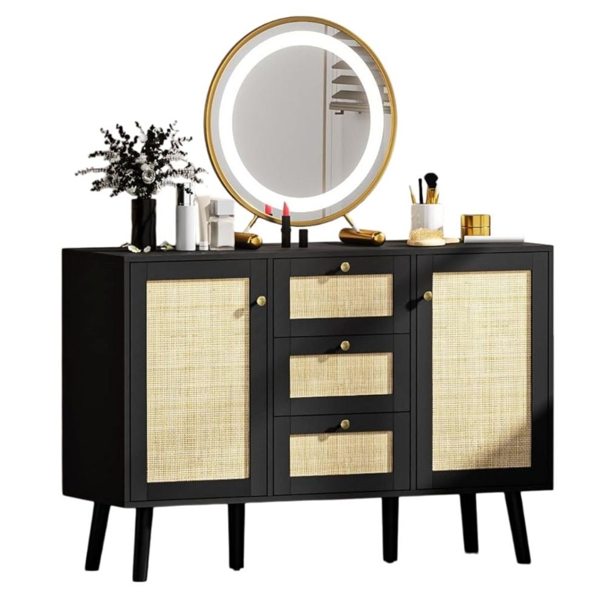 GENERICO - Mueble Aparador Bar con Ratan Adelina Negro Muebles Gaudi