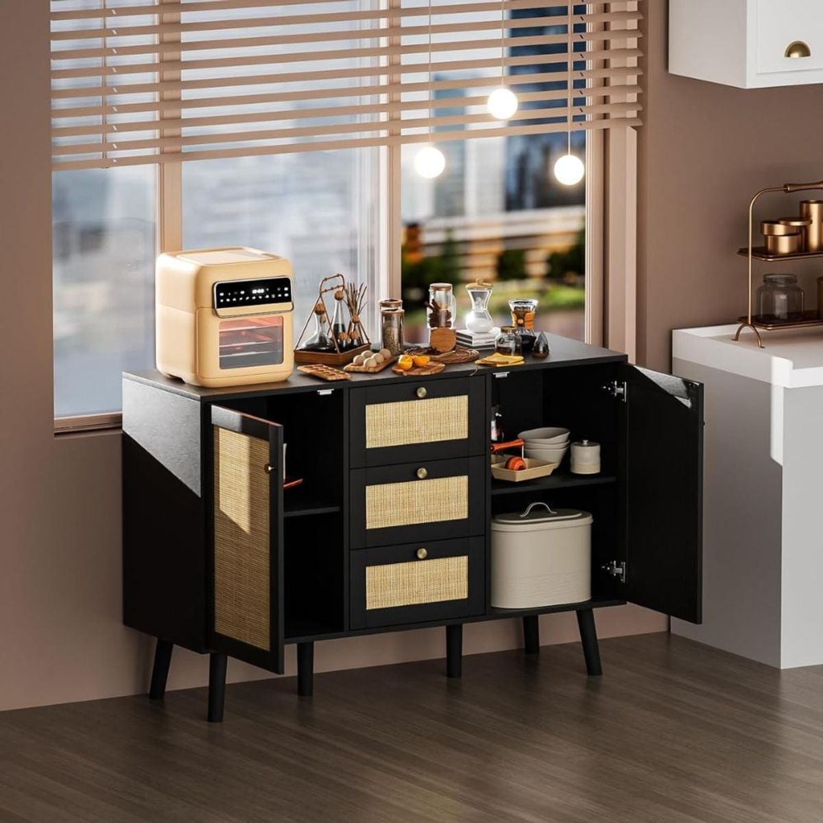 GENERICO - Mueble Aparador Bar con Ratan Adelina Negro Muebles Gaudi
