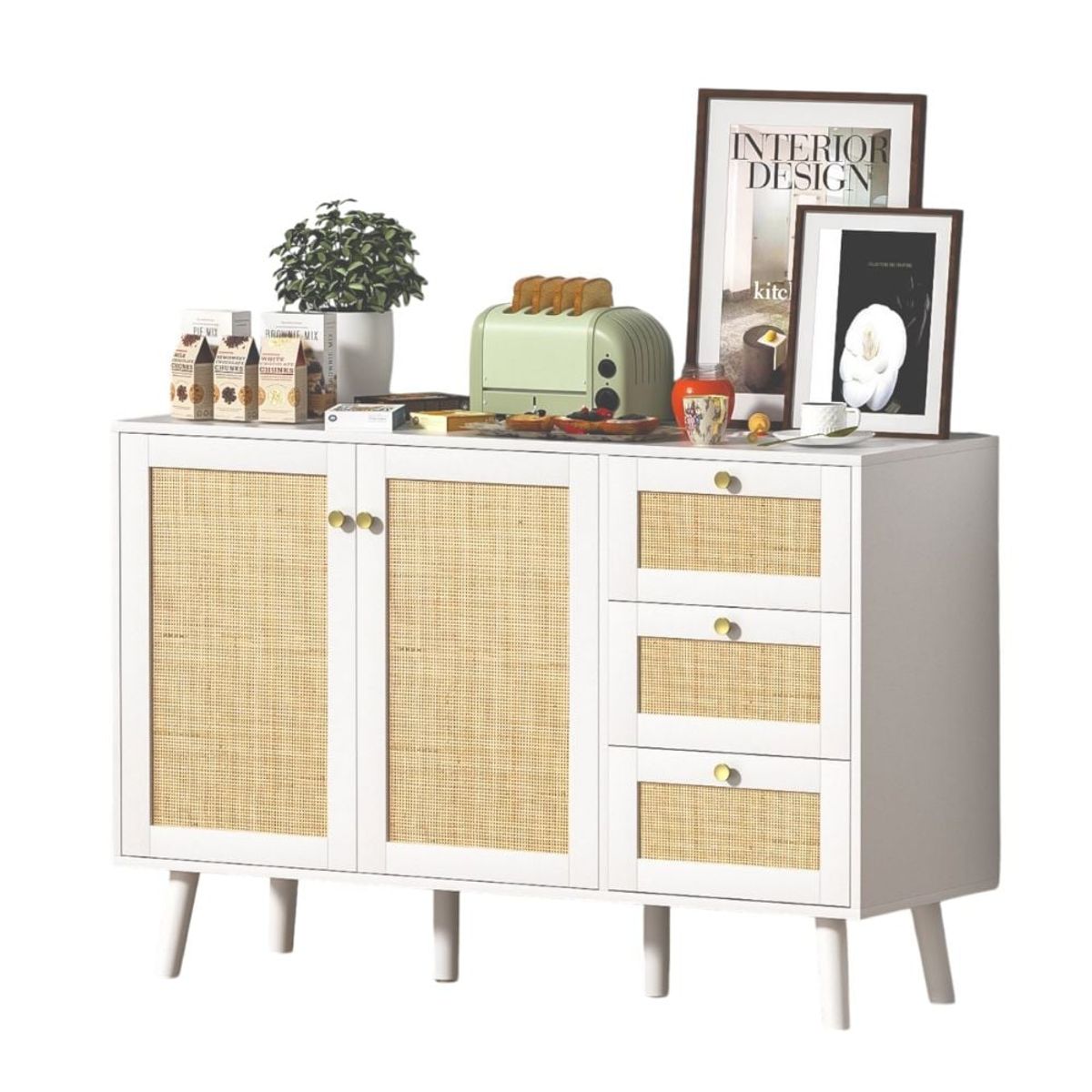 GENERICO - Mueble Aparador Bar con Ratan Ampharo Blanco Muebles Gaudi