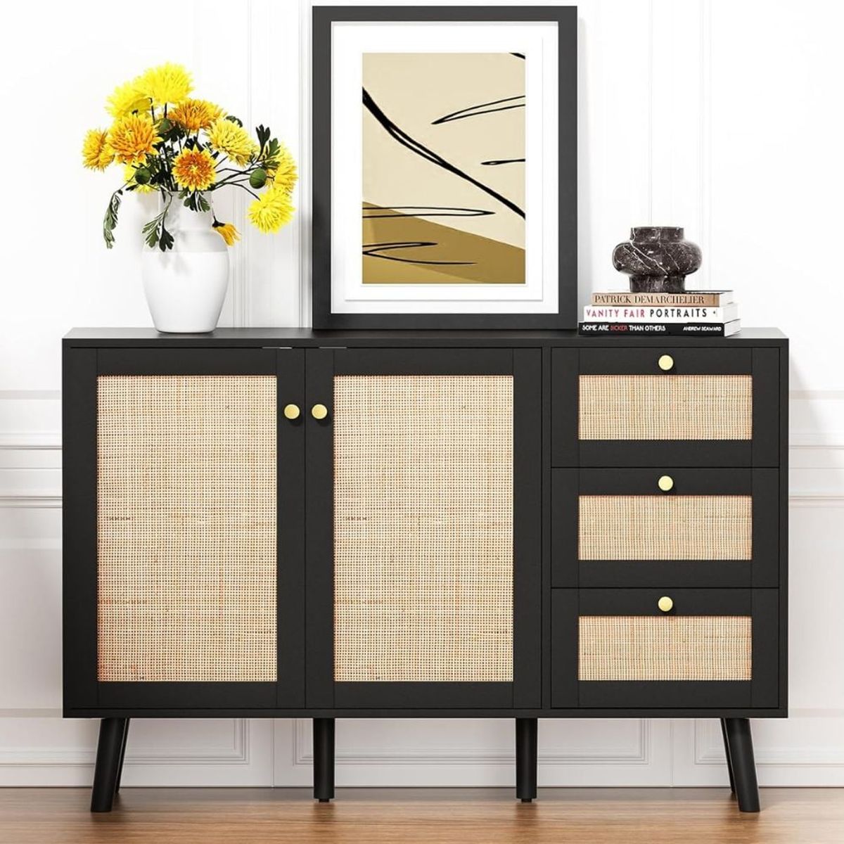 GENERICO - Mueble Aparador Bar con Ratan Ampharo Negro Muebles Gaudi