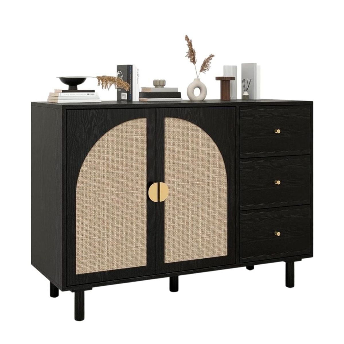 GENERICO - Mueble Aparador Bar con Ratan Agatha Negro Muebles Gaudi