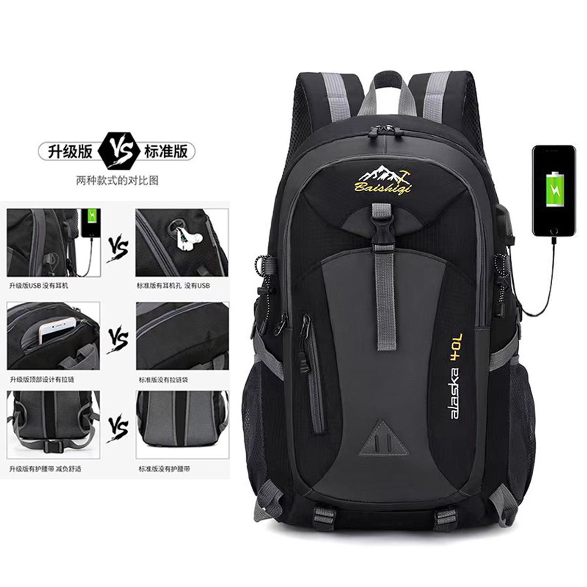 GENERICO - Mochila de camping trekking  Negra 40L - Resistente