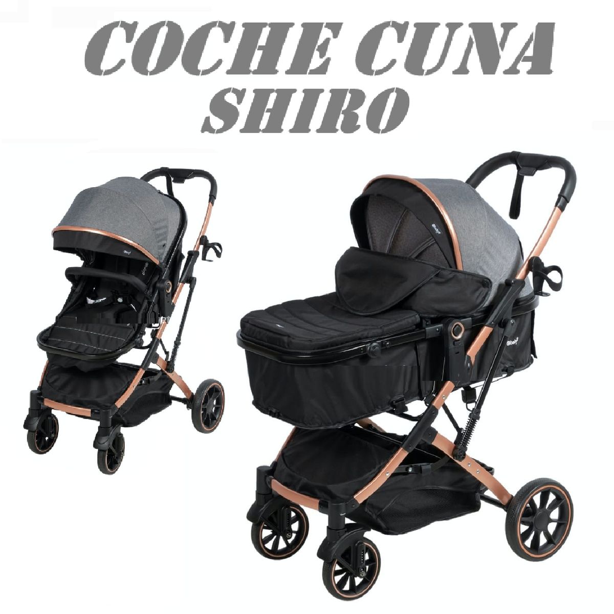 EBABY - Nuevo Coche Cuna Ebaby Mango Reversible Shiro -Gris