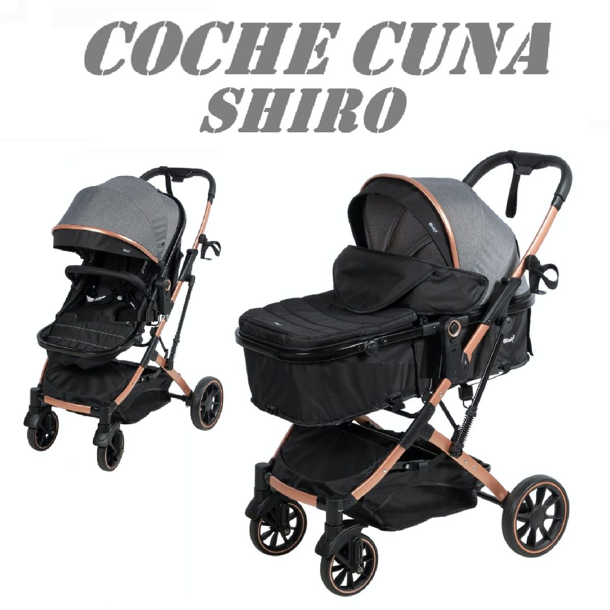 EBABY - Nuevo Coche Cuna Ebaby Mango Reversible Shiro -Gris