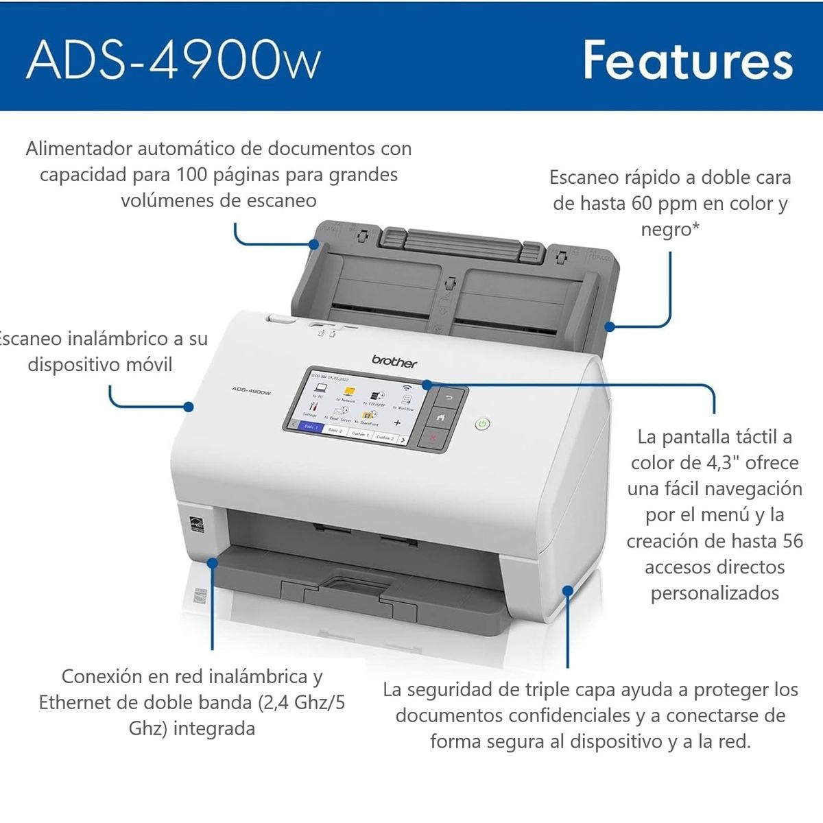 BROTHER - Escaner Brother ADS-4900W USB Wifi Duplex ADF