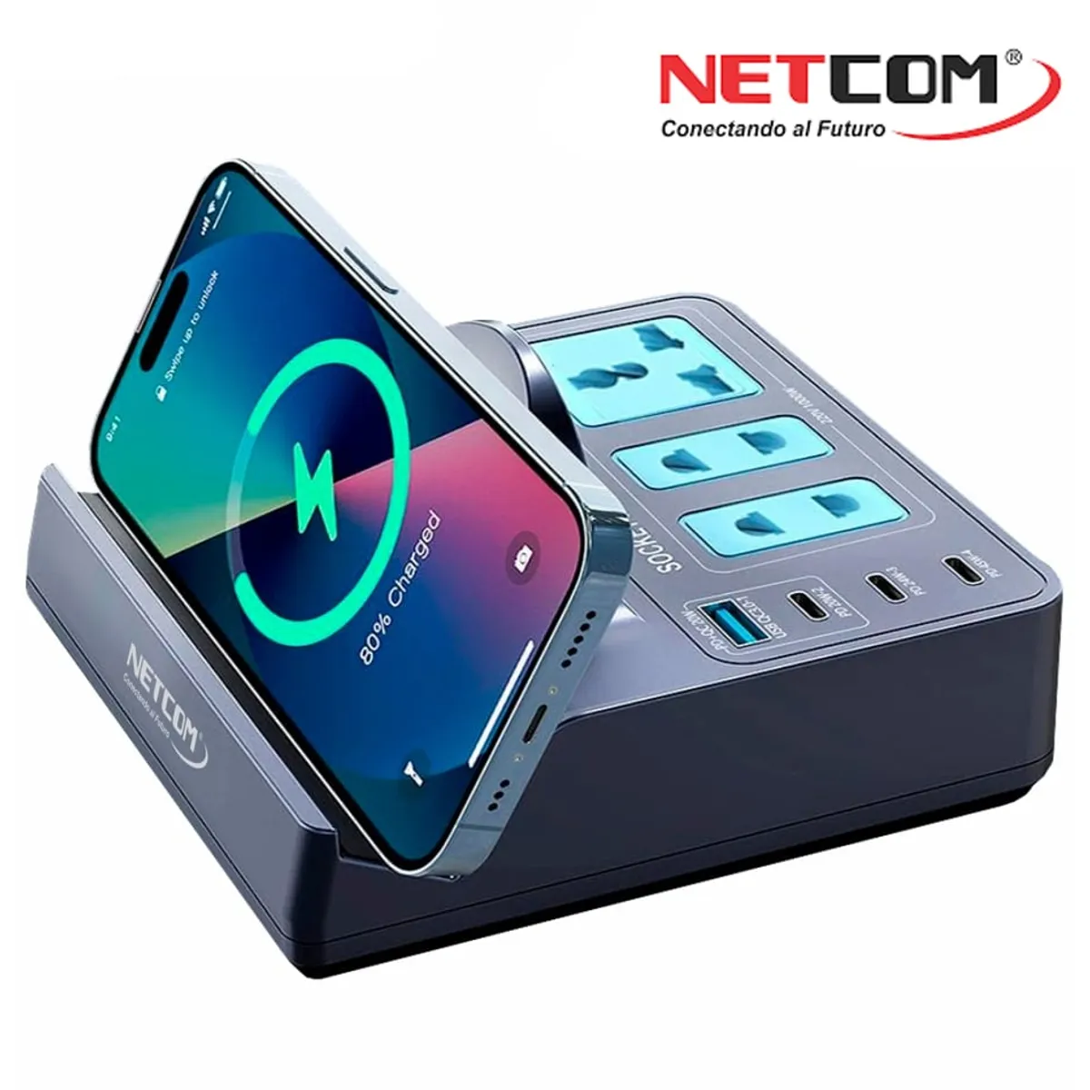 GENERICO - Cargador multifuncional 7 en 1 carga inalámbrica 3 sockets 3 tipo C